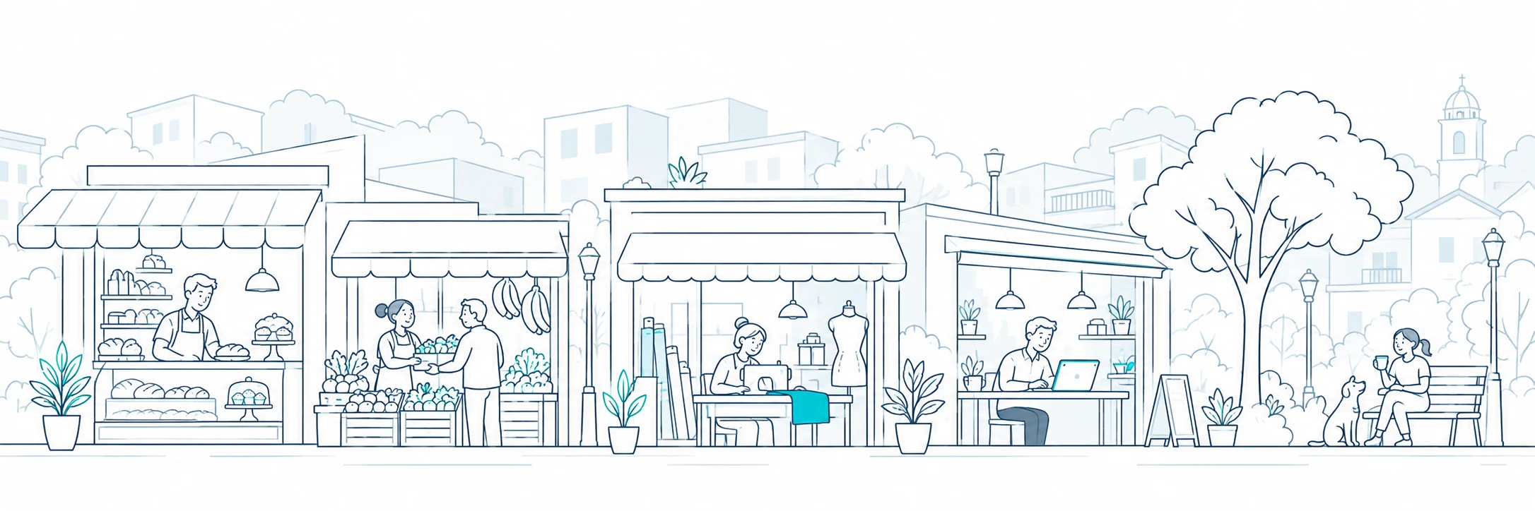 Illustration of a Colombian neighborhood with a bakery, a shop, an entrepreneur and people growing their businesses