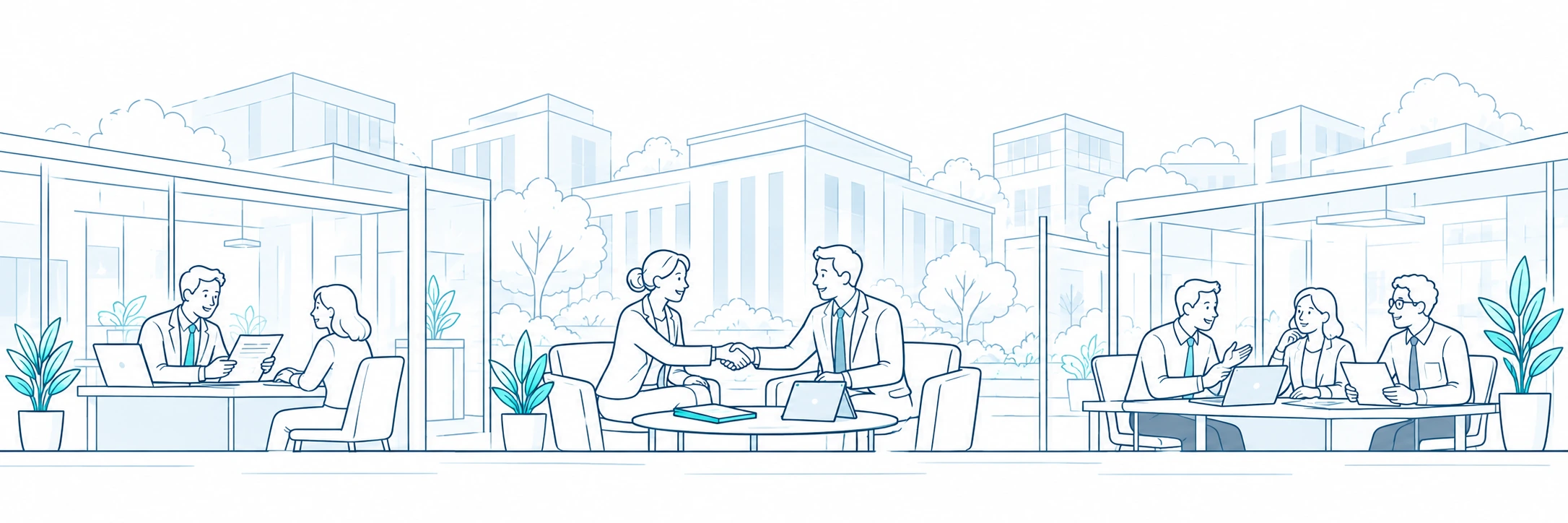 Financial institution teams review documents, close an agreement and collaborate in a corporate office