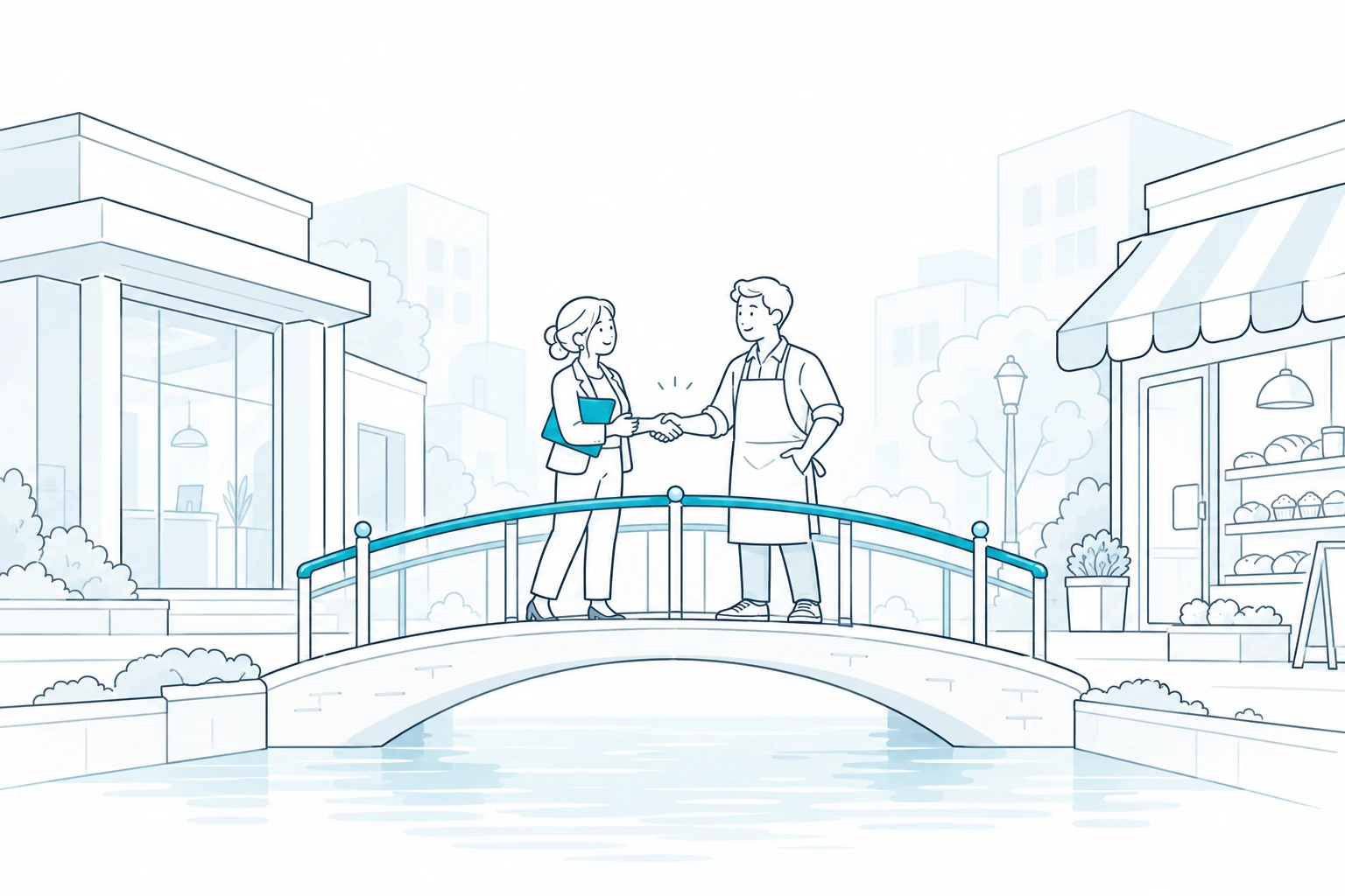 An advisor and an entrepreneur meet on a bridge connecting a financial institution and a small business