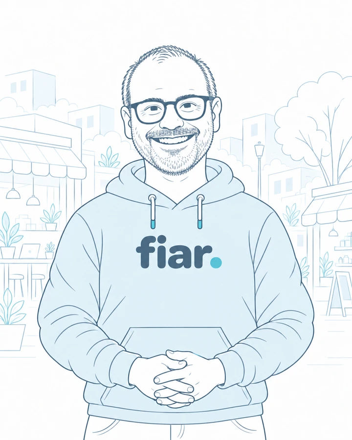 Illustrated portrait of Iván Darío Ruiz wearing a blue FIAR hoodie with his hands clasped together