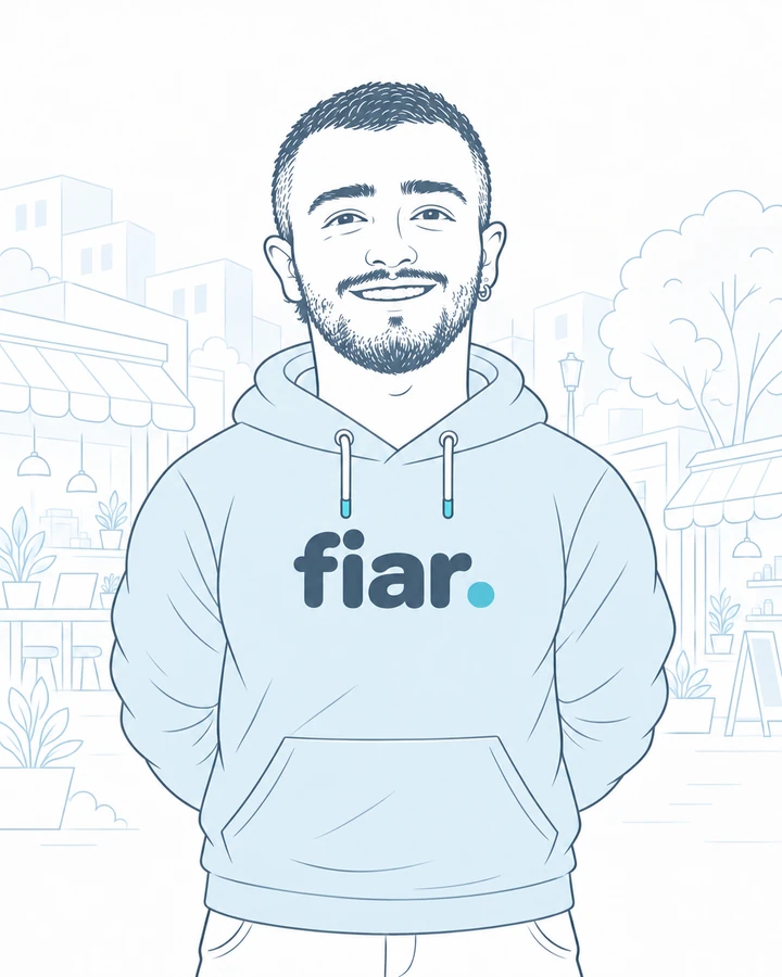 Illustrated portrait of Tomás Ruiz wearing a blue FIAR hoodie